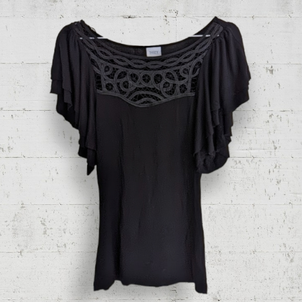 Suzy SHIER Black Flutter sleeve lace neckline blouse